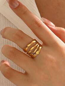 Nooxian 1 chiếc nhẫn nữ có thể điều chỉnh kích thước, mạ vàng 18K, thiết kế rỗng, bất đối xứng, nhiều lớp, thích hợp làm trang sức đi biển hoặc quà tặng hàng ngày. - Vàng - Xem 7