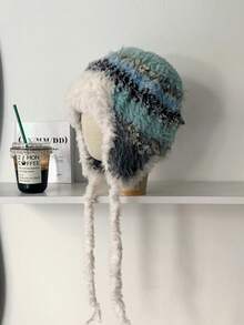 1 Stück Warme gestreifte Strickkappe mit Ohrklappen für Frauen, windundurchlässige dicke gestrickte Mütze für Herbst/Winter - Verschiedenfarbig - Übersicht 16