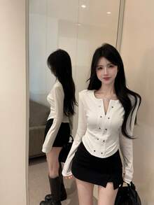 Studded Cropped Ribbed Knit Top, Slim Fit, American Chic Design, Autumn/Winter - White - View 4