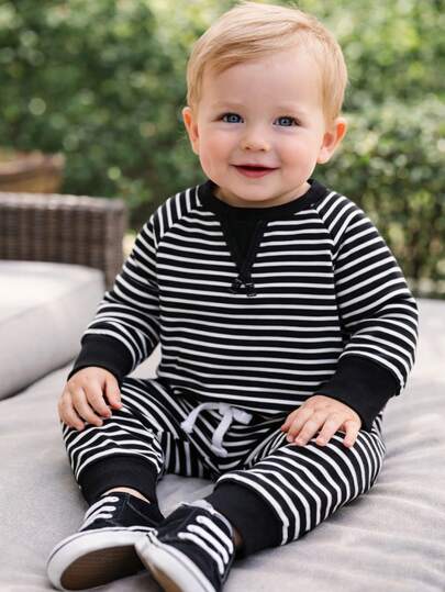 Conjunto de 2 piezas para bebé niño de primavera y otoño, camiseta de manga larga a rayas + pantalones largos