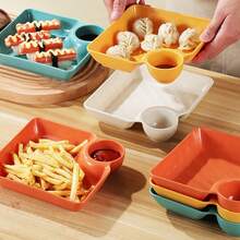 4pcs Reusable Food Containers, Square Snack Plates For Chips, Sushi, Dumplings, Desserts With Sauce Compartments