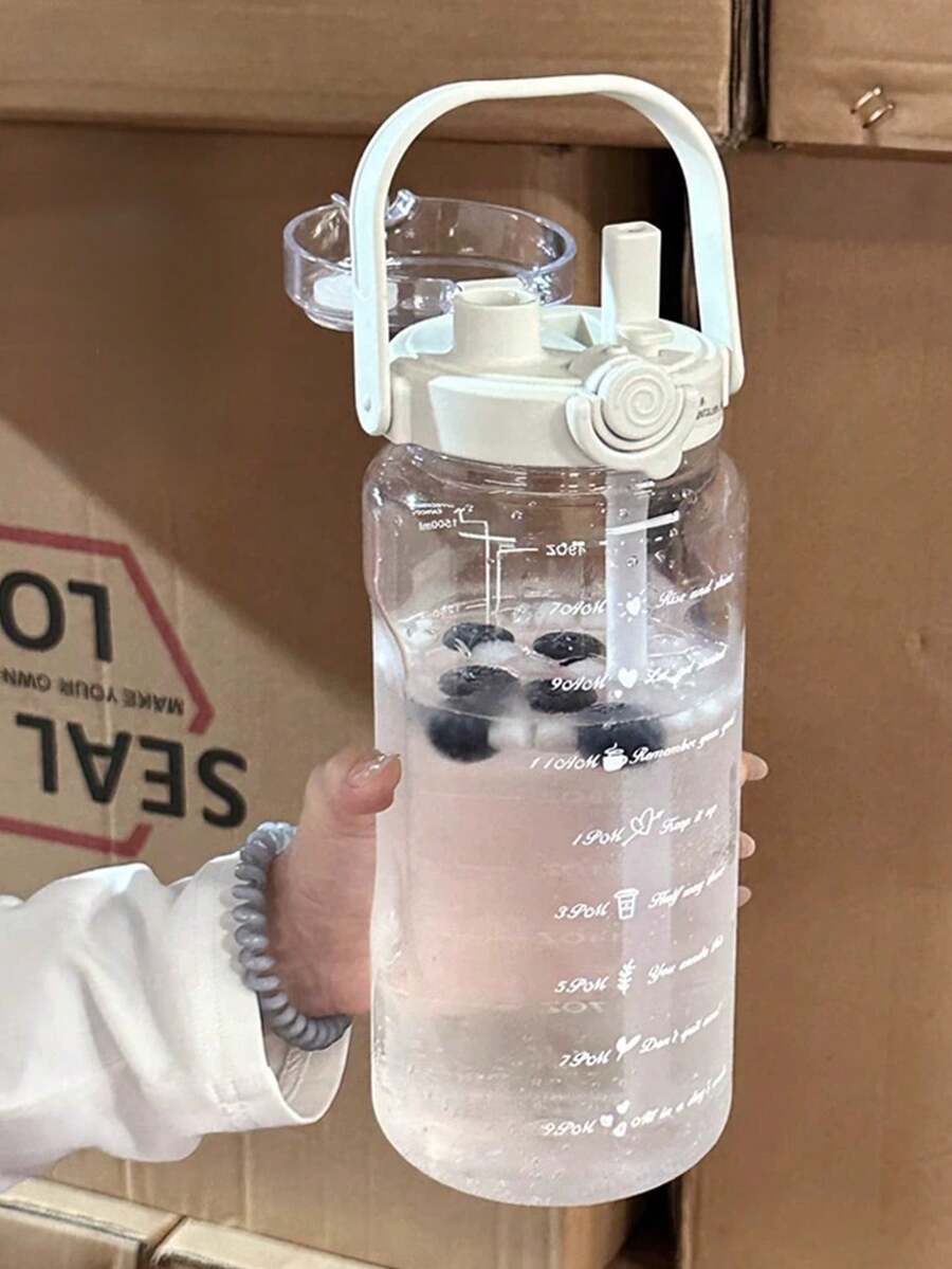 1 个 1500ml/2000ml 大容量水瓶，便携式塑料水瓶，适合旅行、户外、露营、运动健身、学生、方便、外观精美、摇摇杯、时间标记、玻璃果汁瓶、水瓶、便携式透明水瓶、夏季吸管杯、白色、浅绿色，送给学生、朋友、同事的绝佳礼物