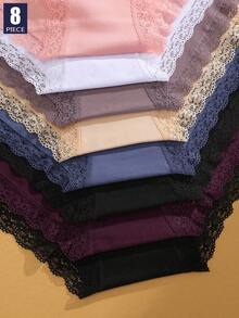 8pcs Ladies Multi-Color Cotton Lace Splicing Mature Charm Comfortable Breathable High Waist Sexy Panties Ladies Underwear - Nhiều màu - Xem 6