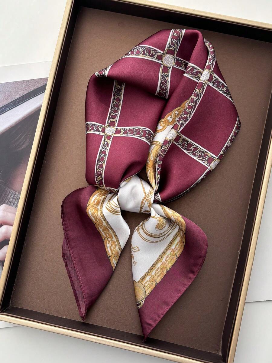 1pc Women/Girls Fashion Printed Scarf, Handkerchief, Neckerchief, Headband - Burgundy - View 1