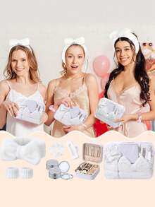 8件套女孩SPA派对礼品套装，粉色睡衣派对用品，包括蝴蝶结发带、腕带、发圈、发夹、首饰盒、化妆包、镜子，适合女性伴娘回礼 - 彩色 - 查看 8