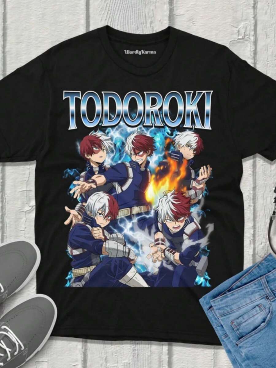Shoto Todoroki My Hero  TShirt Unisex Vintage Streetwear MHA Shirt Anime Apparel Fanmerch MHA Merchandise Perfect Anime Gift - 黑色 - 查看 1