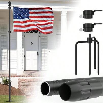 Mástil de bandera en el piso de 10 pies aluminio a prueba de óxido base de 4 puntas extra grueso negro sin bandera