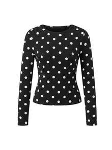Womens Autumn Tops Long Sleeve Crew Neck Dot Print Casual Slim Fitted Going Out Shirts - 黑色 - 查看 1