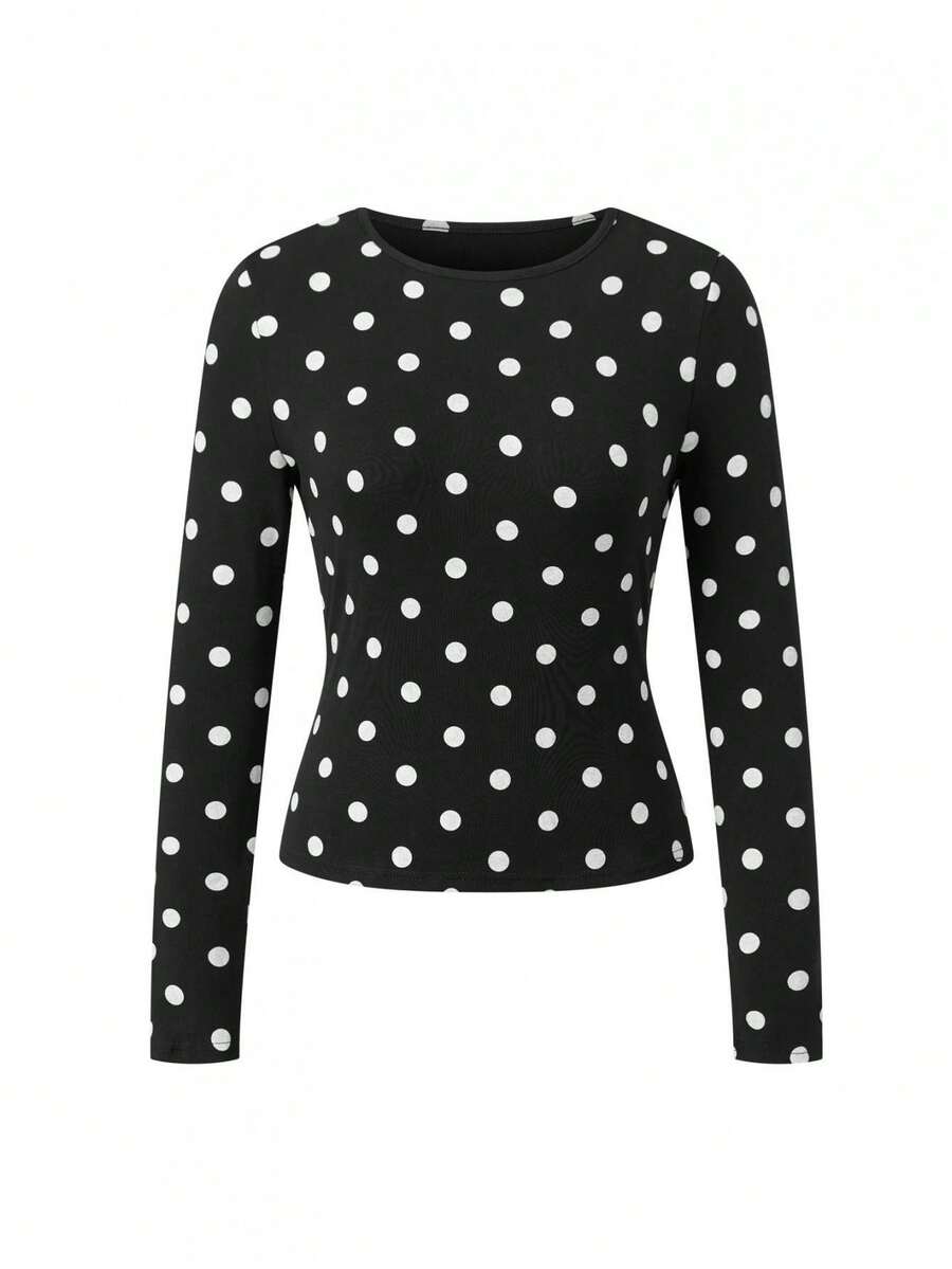 Womens Autumn Tops Long Sleeve Crew Neck Dot Print Casual Slim Fitted Going Out Shirts - 黑色 - 查看 1