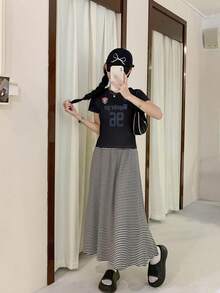 美式修身短袖T恤，女士夏季款，独特印花图案，休闲时尚黑色 - 黑色 - 查看 2