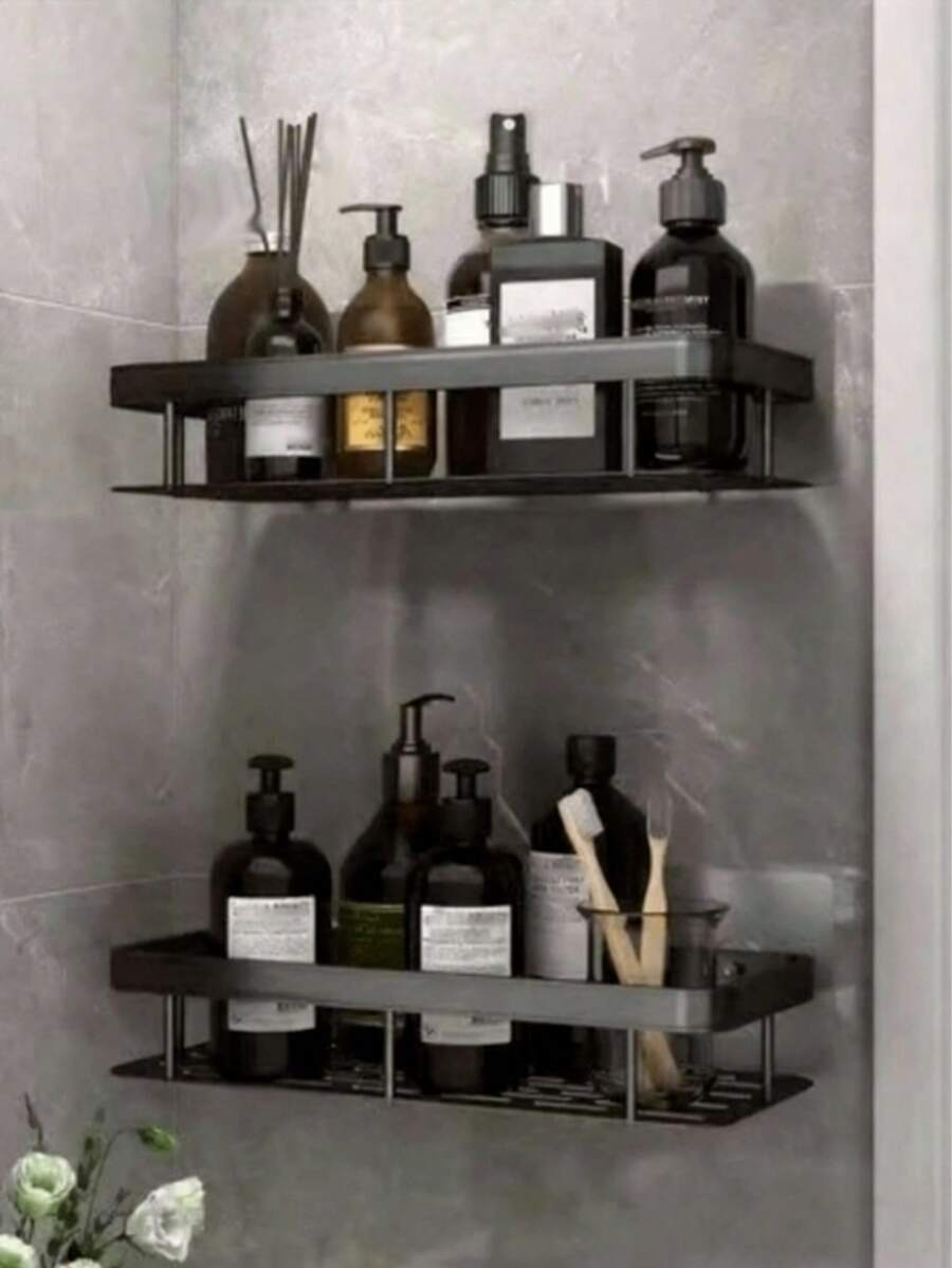 浴室置物架，厨房收纳架，壁挂式长方形储物架，无需钻孔 - 黑色 - 查看 1