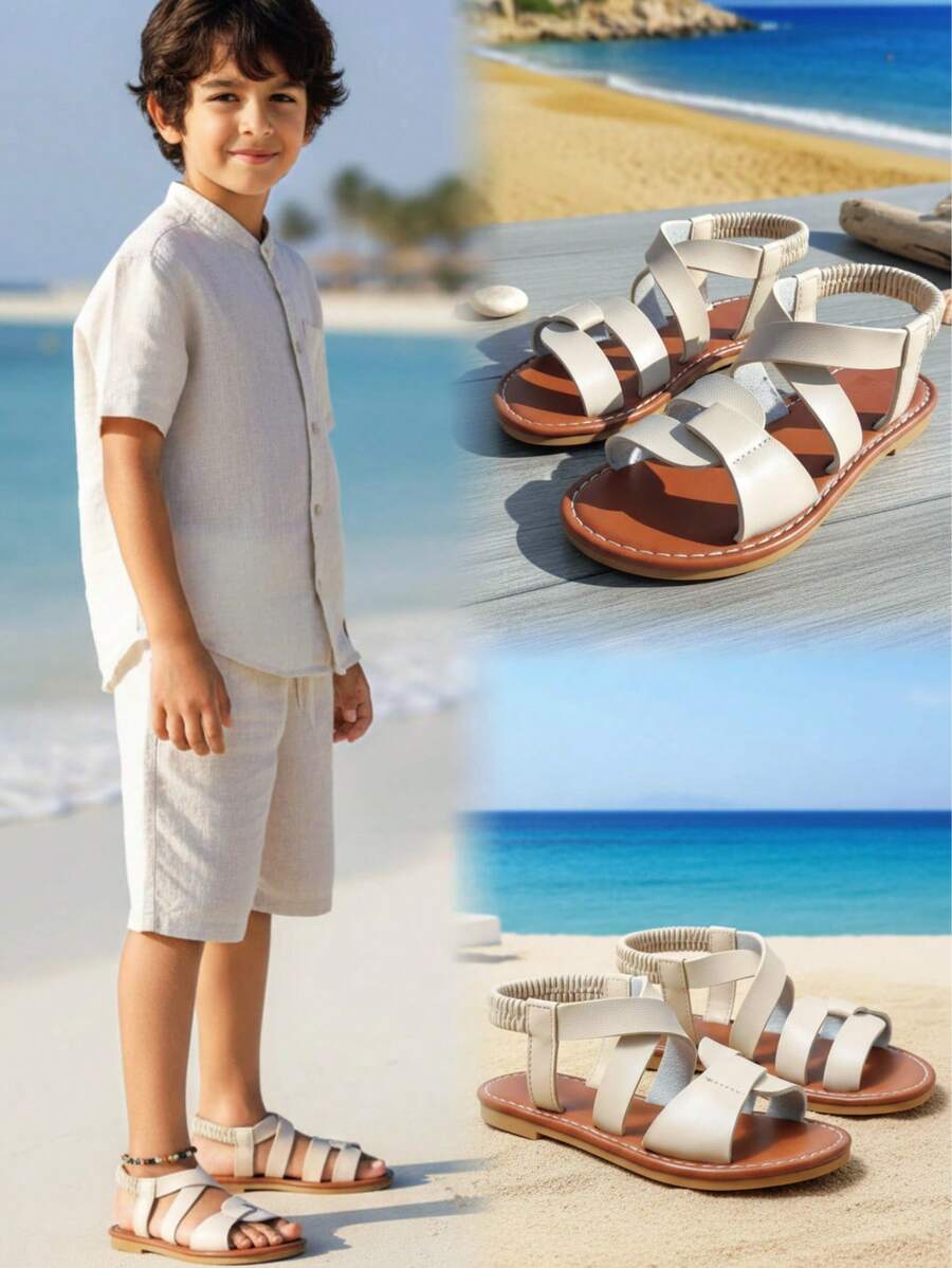 1 Pair Children's Beige PU Material Anti-Slip Durable Round Toe Peep-Toe Shaped Elastic Band Casual Flat Sandals, Suitable For Boys And Girls, Vacation, Birthday Party, School, Spring 2026 New Arrival - White - View 1