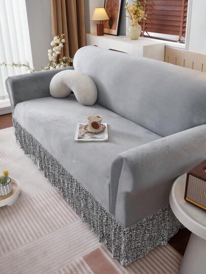 1pc Super Soft Thick Fabric Anti-Slip Elastic Skirt Style Sofa Cover, Dust-Proof, Waterproof, Pet-Proof, Available In Dark Grey & Light Grey, Fits 1/2/3/4 Seater Sofa, Suitable For All Seasons