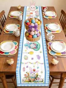 1pc Easter Table Runner, This Single Table Runner/Placemat Set Features Adorable Easter Bunny And Colorful Egg Basket Patterns, Made Of Washable Polyester Fabric With Scalloped Edge Trim, Durable For Easter Holiday, Spring Gatherings, Birthday Parties, And Family Events. Easter Home Decor, Easter Gift, Kitchen. - Multicolor - View 16