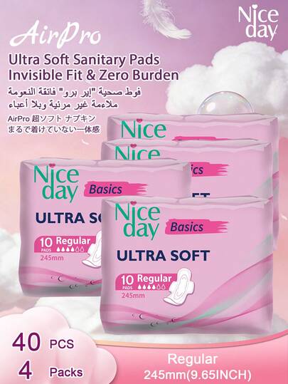 Niceday 40pcs/4packs, 245mm Daily Use Sanitary Napkins, Ultra-Thin, Breathable, Super Soft, Skin-Friendly, Fast Absorption, Suitable For Heavy Flow, Non-Irritating, Leak-Proof
