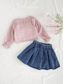 3pcs/Set Baby Girls' Fashionable Elegant Sweet Long Sleeve Top, Camisole And Denim Skirt Outfit, Spring/Autumn - Multicolor - View 3