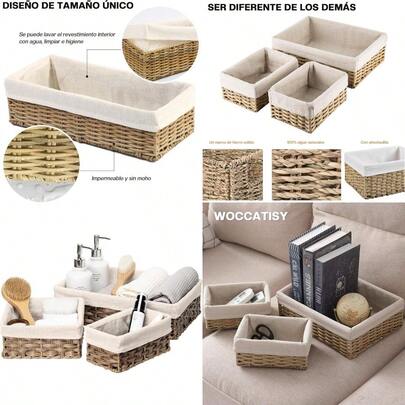 SUIOO Juego de 3 Piezas Canastas Organizadoras Cestas Tejidas a Mano para Almacenamiento-Organizadora de Almacenamiento con Tres tamaños Diseño Higiénico y Decorativo para Hogar Dormitorio y Baño Beige