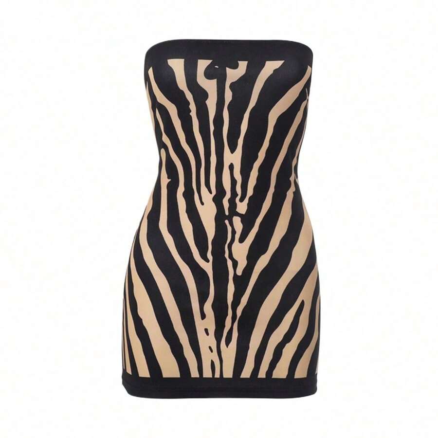 Sexy Zebra Print Tube Top Halter Slim A-Word Short Dress Dress - Black - View 1