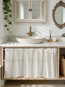 1pc Rustic Style Striped Sheer Cafe Curtain Valance - Beige Stripes Pattern, Soft Linen Fabric, Lace Bows Decor, All Seasons, Retro Farmhouse Style Short Cafe Curtain For Living Room Kitchen Bathroom Window Decor - Beige - View 1