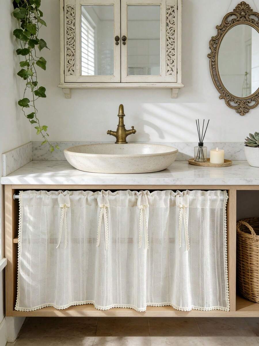 1pc Rustic Style Striped Sheer Cafe Curtain Valance - Beige Stripes Pattern, Soft Linen Fabric, Lace Bows Decor, All Seasons, Retro Farmhouse Style Short Cafe Curtain For Living Room Kitchen Bathroom Window Decor - Beige - View 1