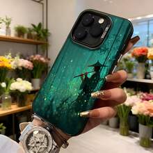 Cubierta de teléfono con diseño de bosque mágico verde oscuro con silueta de persona con sombrero y luces brillantes para uso diario en floristerías y eventos elegantes,Aplicable a los teléfonos de la serie Apple y Galaxy - Negro - Ver 6