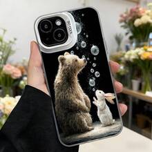Cubierta de teléfono con borde negro diseño de oso y conejo blanco con burbujas agua para iPhone uso diario en floristería,Aplicable a los teléfonos de la serie Apple y Galaxy - Blanco - Ver 7