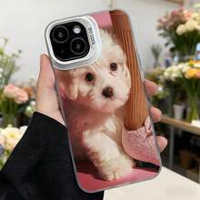 Cubierta de telefono con borde negro y diseño de perro blanco lindo para iPhone 14 Pro Max funda protectora con estampado de cachorro en tonos rosados y madera ideal para amantes de mascotas y estilo casual,Aplicable a los teléfonos de la serie Apple y Galaxy - Negro - Ver 3