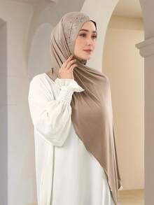 1 pieza Hiyab de mujer de unicolor con textura tejida y decorado con rhinestones, chal largo musulmán suave y cómodo de modal, versátil para uso diario, viajes, fiestas, fotografía - Multicolor - Ver 3