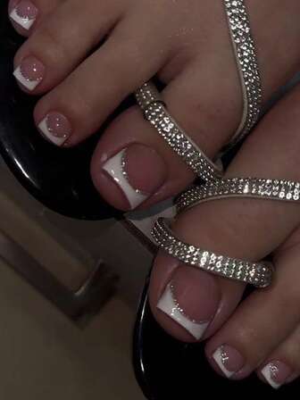 24pcs French White Press On Toenails Silver Glitter Iridescent Toe Nails Simple Short Square Shape Toenails Manicure Set Includes 1sheet Adhesive Tabs & 1pc Mini File Perfect For Everyday Wvear