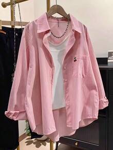 Women's Solid Color Pocket Embroidery Button Casual Shirt Summer - Baby Pink - View 5