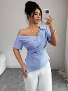 女士休闲优雅通勤条纹上衣，采用不对称纽扣设计，适合日常穿着、办公、春季、夏季、情人节和返校季。 - 藍色 - 查看 5