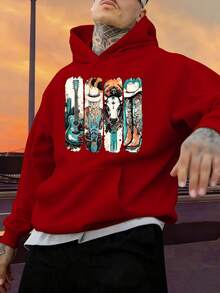 Sudadera con capucha roja para hombres. Sudadera con capucha de patrón de botas y sombrero de vaquero occidental para hombres, sudadera con estampado de letras rojas, suéter con bolsillos, sudadera de manga larga suelta y casual, adecuada para ropa de tema campestre de otoño e invierno, cuello redondo, tela ligeramente elástica, sin forro, fácil de cuidar para deportes al aire  uso diario, gran regalo de Navidad. - Rojo - Ver 1