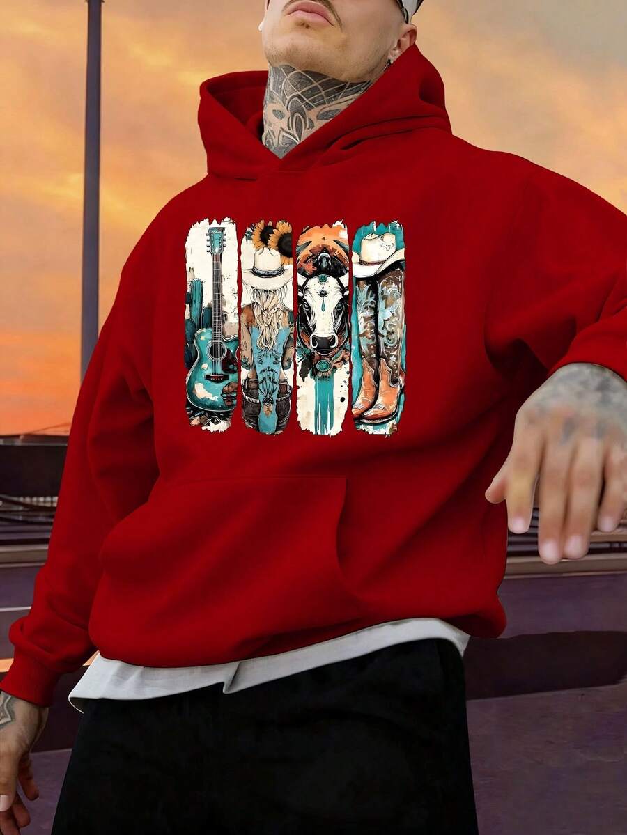 Sudadera con capucha roja para hombres. Sudadera con capucha de patrón de botas y sombrero de vaquero occidental para hombres, sudadera con estampado de letras rojas, suéter con bolsillos, sudadera de manga larga suelta y casual, adecuada para ropa de tema campestre de otoño e invierno, cuello redondo, tela ligeramente elástica, sin forro, fácil de cuidar para deportes al aire  uso diario, gran regalo de Navidad. - Rojo - Ver 1