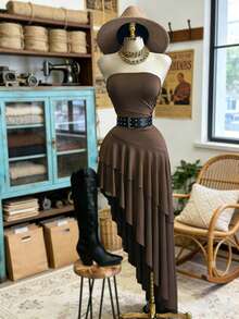 Women's Casual Ruffled Hem Asymmetric Hem Sleeveless Bodycon Dress, Elegant & Versatile, Spring/Summer - Brown - View 1