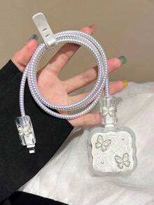 5pcs Resin Rhinestone Butterfly TPU Charger & Data Cable Protector Case, Compatible With Apple 17 Pro Max/40W Charger Anti-Bending Protection - Multicolor - View 1