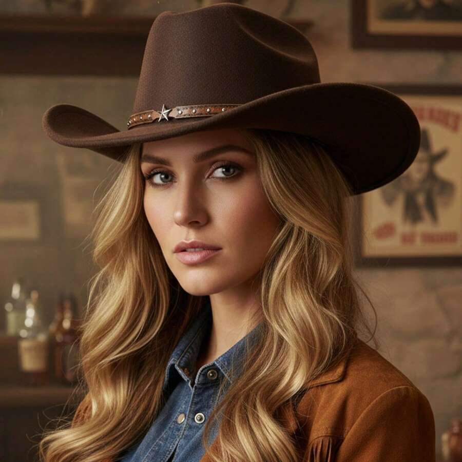 Western Style Cowgirl Cap Stylish Pentagram Leather Belt Decorated Wide Brimmed Fedora Hat For Men Women Outdoor Wear - màu nâu sô cô la - Xem 1