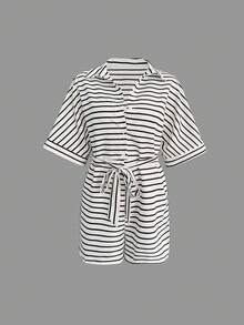 女士新款简约时尚休闲街头撞色条纹翻领半开襟纽扣蝙蝠袖蝴蝶结抽绳修身连体裤，日常通勤必备，春夏款 - 黑與白 - 查看 5