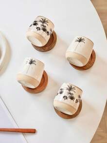 4pcs Minimalist Ceramic Mini Espresso Cups Set With Wooden Tray, Small Capacity Concentrated Coffee Cups, Coconut Tree Design Tasting Cups, Suitable For Home, Office, Cappuccino, Latte, Couple Cups