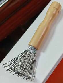 1pc Stainless Steel Hair Brush Cleaning Tool With Wooden Handle, Suitable For Home And Salon, Can Remove Hair And Dust From Kitchen, Bathroom, Home Goods, Shower Caddy - Silver - View 3