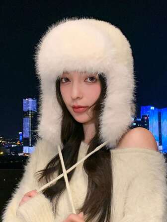 1 st plyschhatt för kvinnor, trendig varm hörselskyddsmössa för utomhusbruk, handgjord, fuskpäls, söt enfärgad, polyesterfleece, lämplig för höst-/vinterhelger och presenter