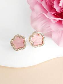 1 Pair Minimalist Sweet Cute Clover & Rhinestone Flower Stud Earrings, Suitable For Girls Daily Wear - one-size - View 5