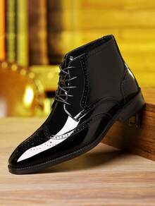Men's Black Patent Leather Wingtip Dress Boots – Perforated Lace-Up High-Top Formal Shoes | Sleek Shiny Event & Office Footwear | Classic Dressy Ankle Boots - 黑色 - 查看 1