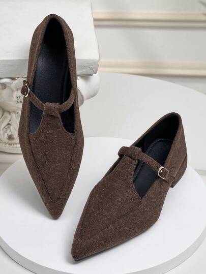New Suede T-Strap Pointed Toe Block Heel Slip-On Loafers, Color Blocking Design, Unique Aesthetic, Suitable For Women Outdoor Wear In All Seasons