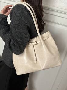 Bolsa Tote Casual de Ombro de Grande Capacidade em Camurça Retrô, Bolsa Colorida em Patchwork, Bolsa Tote Versátil e Elegante para Transporte Diário para Mulheres - Bege - Visão 9