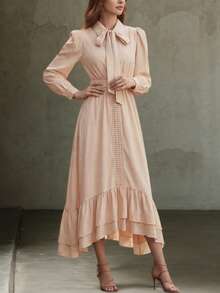 Vestido Vuslat de Primavera para Mulheres, Elegante e de Temperamento, de Manga Longa com Recortes de Renda, Solto com Babados Multicamadas e Cordão na Cintura, Adequado para Escritório, Transporte, Ano Novo, Dia dos Namorados, Ramadã