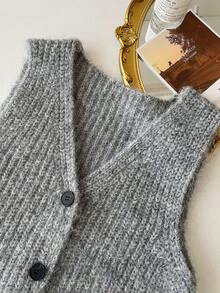 1pc Solid Color V-Neck Single-Breasted Knit Cardigan Vest Sleeveless Sweater For Women, Versatile For Commuting - Grey - View 4