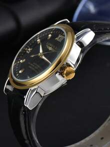 LONGLUX 1pc Men's Waterproof Automatic Mechanical Watch, Luminous Business Leather Strap Watch
