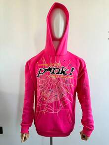 Y2k Hoodies Men's Hip Hop Spider Web Pattern,Graphic Alphabet Print Harajuku Vintage Hoodie,Long Sleeve Street Wear Top For Both Men And Women Oversized Pullover,Gothic Hooded Sweatshirt - 玫瑰紅 - 查看 1
