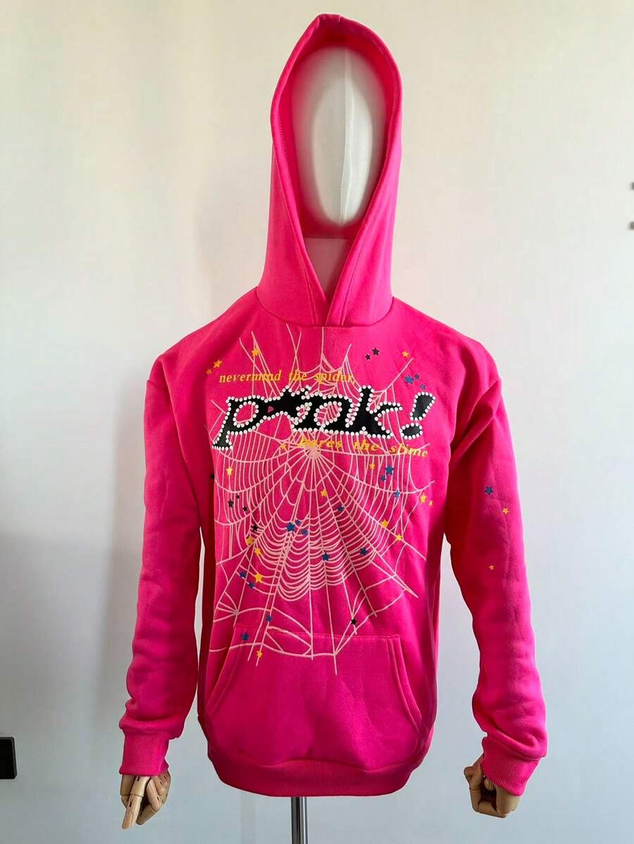 Y2k Hoodies Men's Hip Hop Spider Web Pattern,Graphic Alphabet Print Harajuku Vintage Hoodie,Long Sleeve Street Wear Top For Both Men And Women Oversized Pullover,Gothic Hooded Sweatshirt - 玫瑰紅 - 查看 1