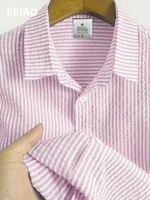 FEIAO 男士复古硬币纹理条纹短袖衬衫，轻盈涤纶面料，四季皆宜，休闲百搭 - 粉色 - 查看 5